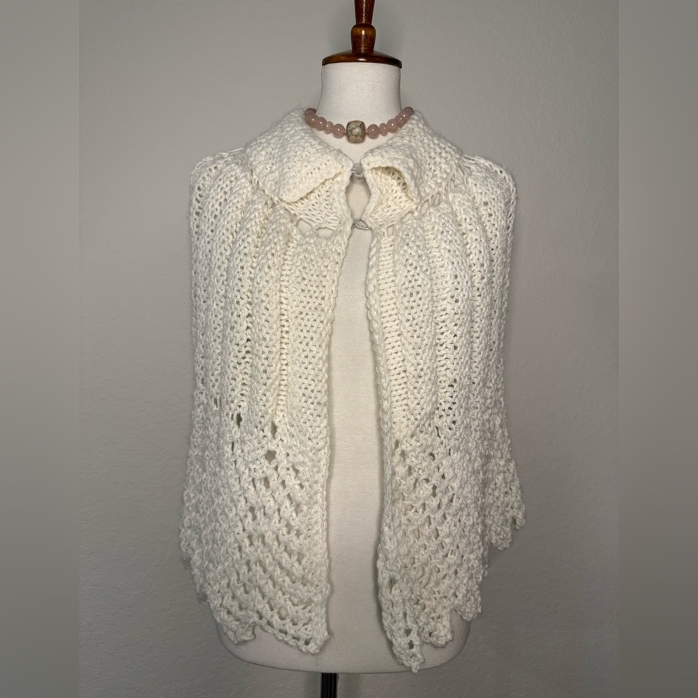 Elegant Cream white, hand-knitted or crocheted shawl with collar